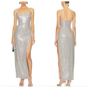 SAU LEE Opal Silver Gray Sequin Gown Bustier Sweetheart Dress US 0 NWT